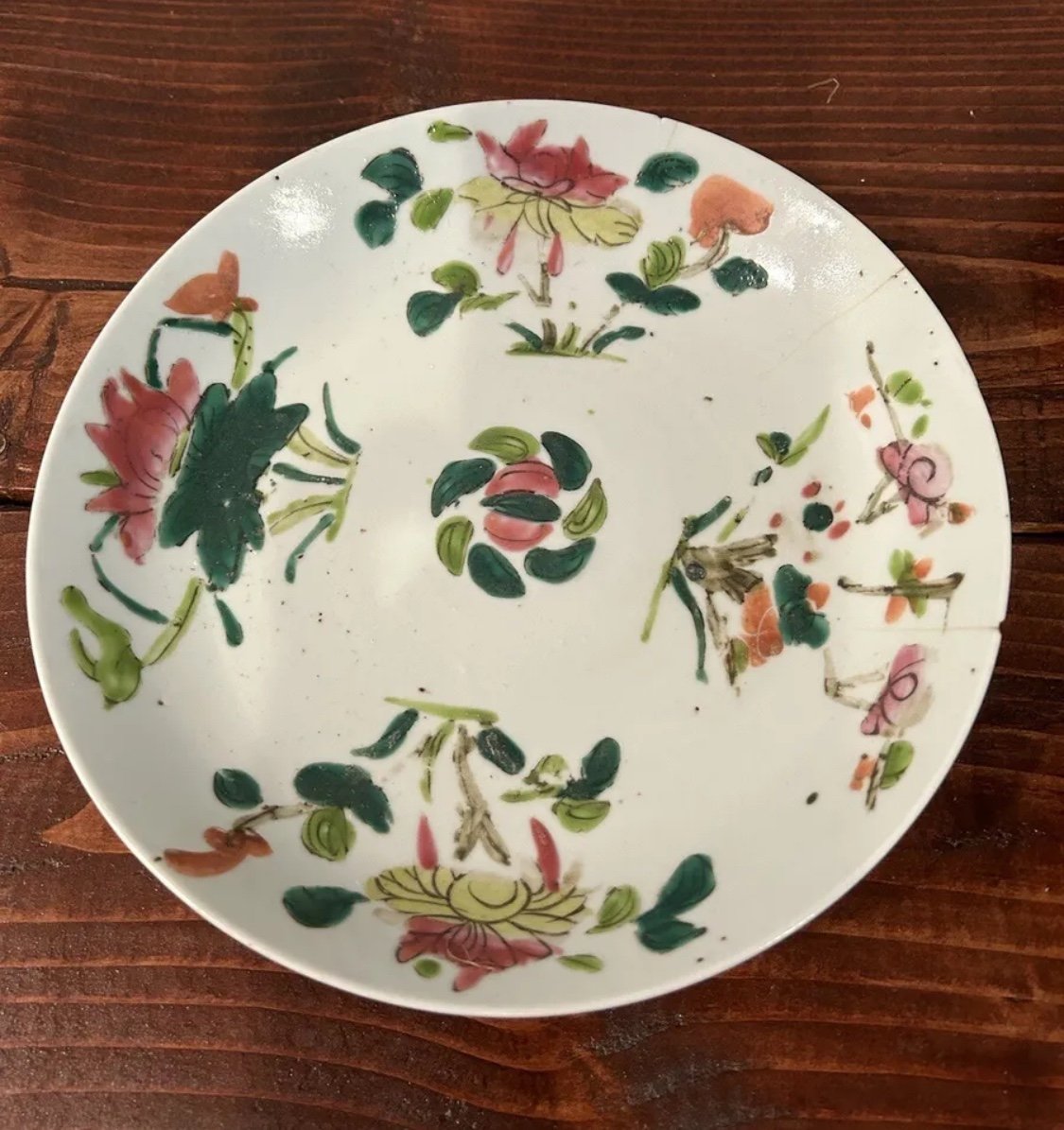 19th Century Antique Vintage Dish Chinese Plate Handpainted Floral Flower Leaves