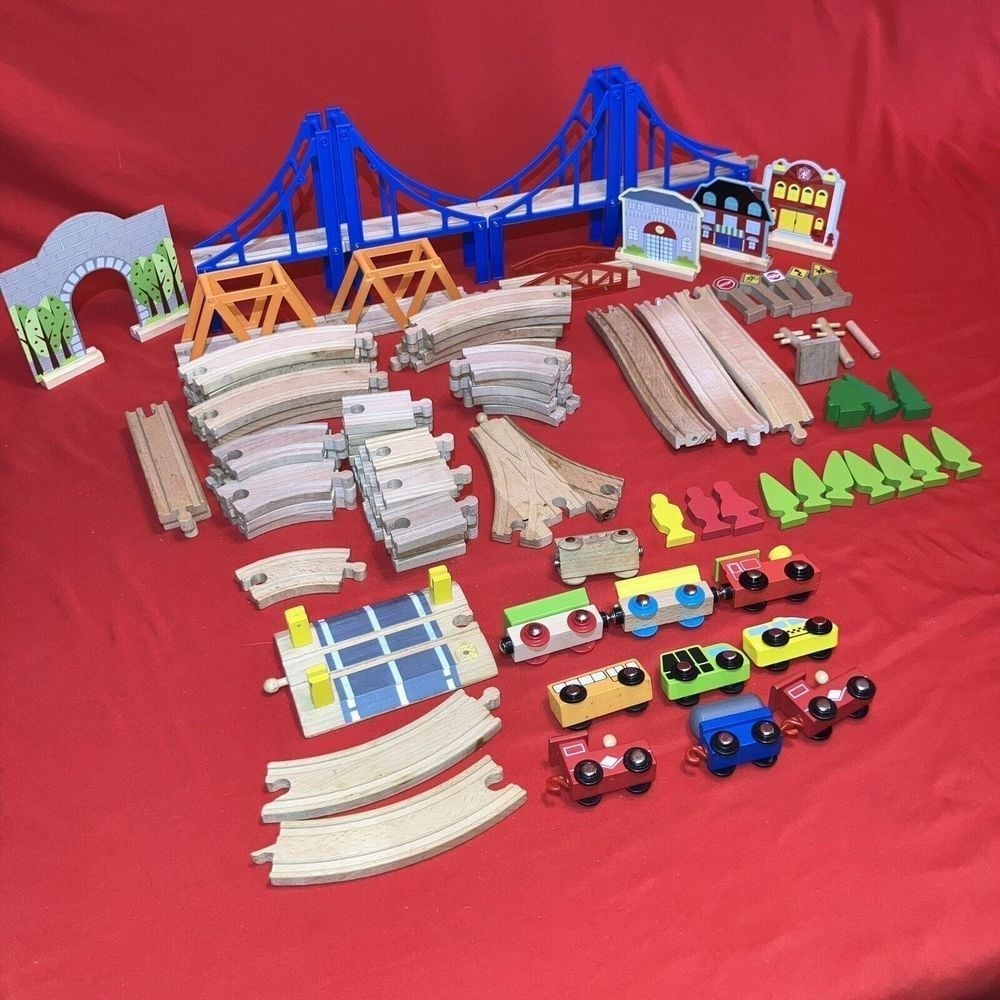 LOT 86+ Pieces Wooden Train Set Tracks Bridges Signs Tree Vehicles Etc (Flaws)