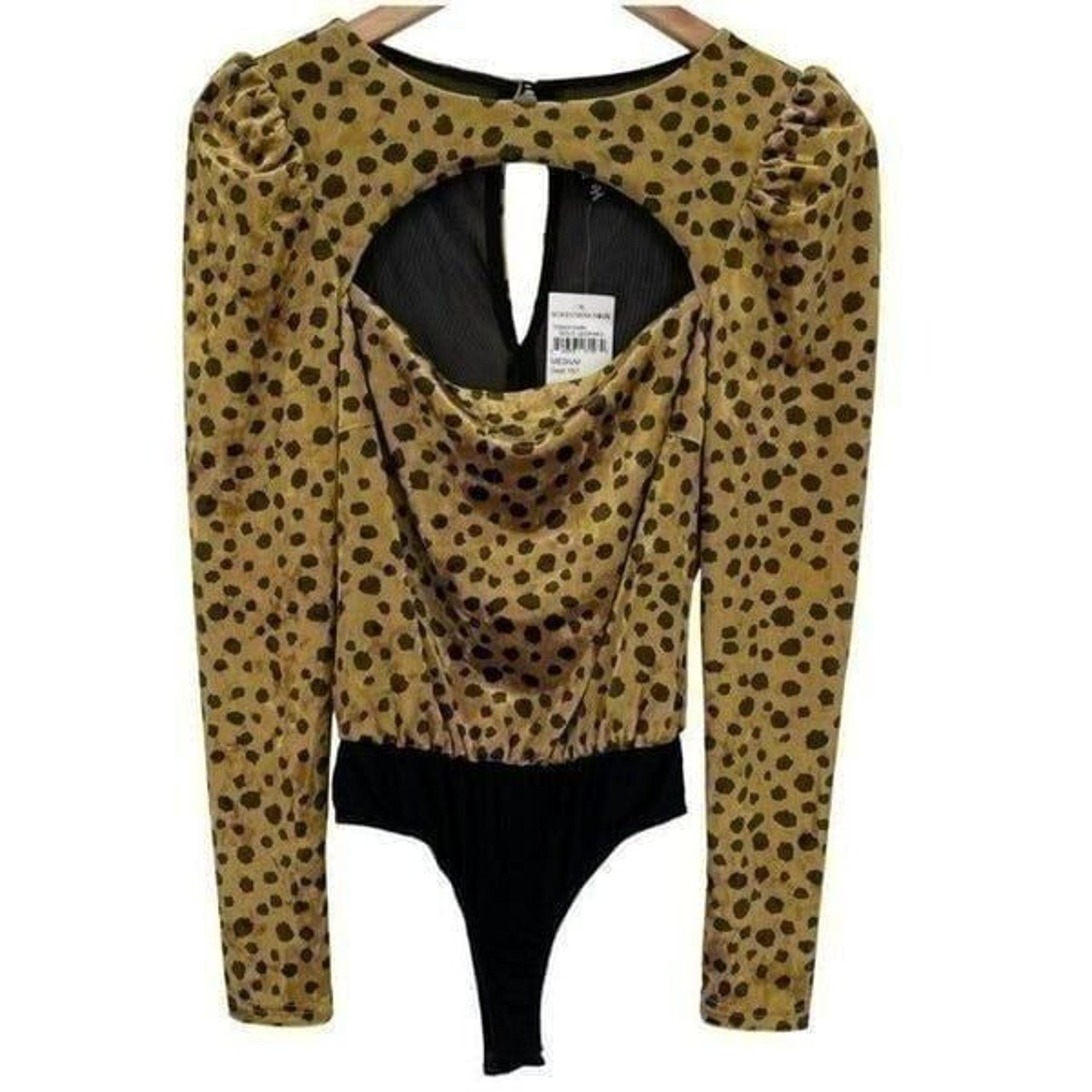 4SI3NNA Gold Leopard Velvet Bodysuit Long Puff Sleeves Front Cutout Women Medium