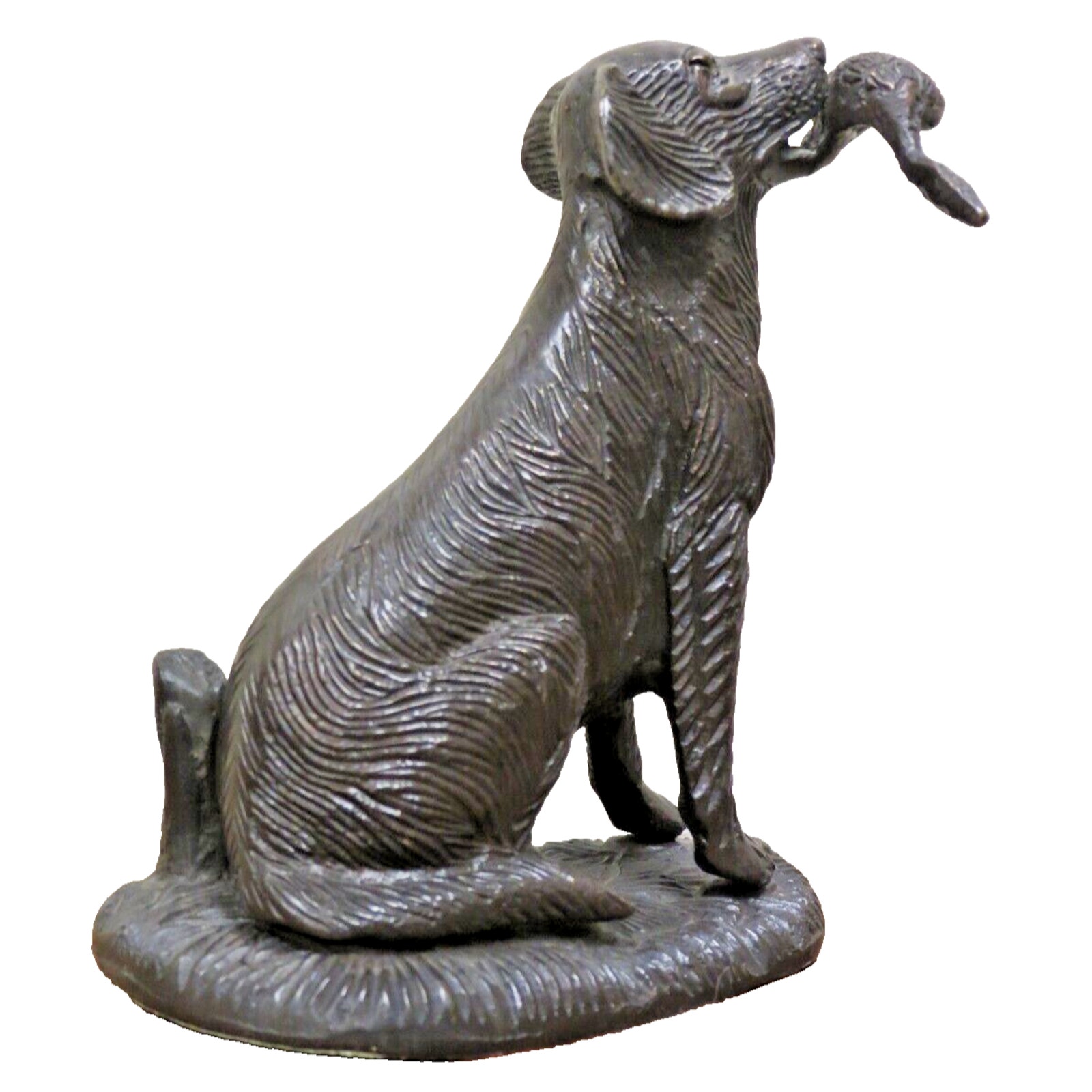 Vintage Cast Metal Bronze Finish Hunting Dog W/ Duck Goose Pheasant In Mouth