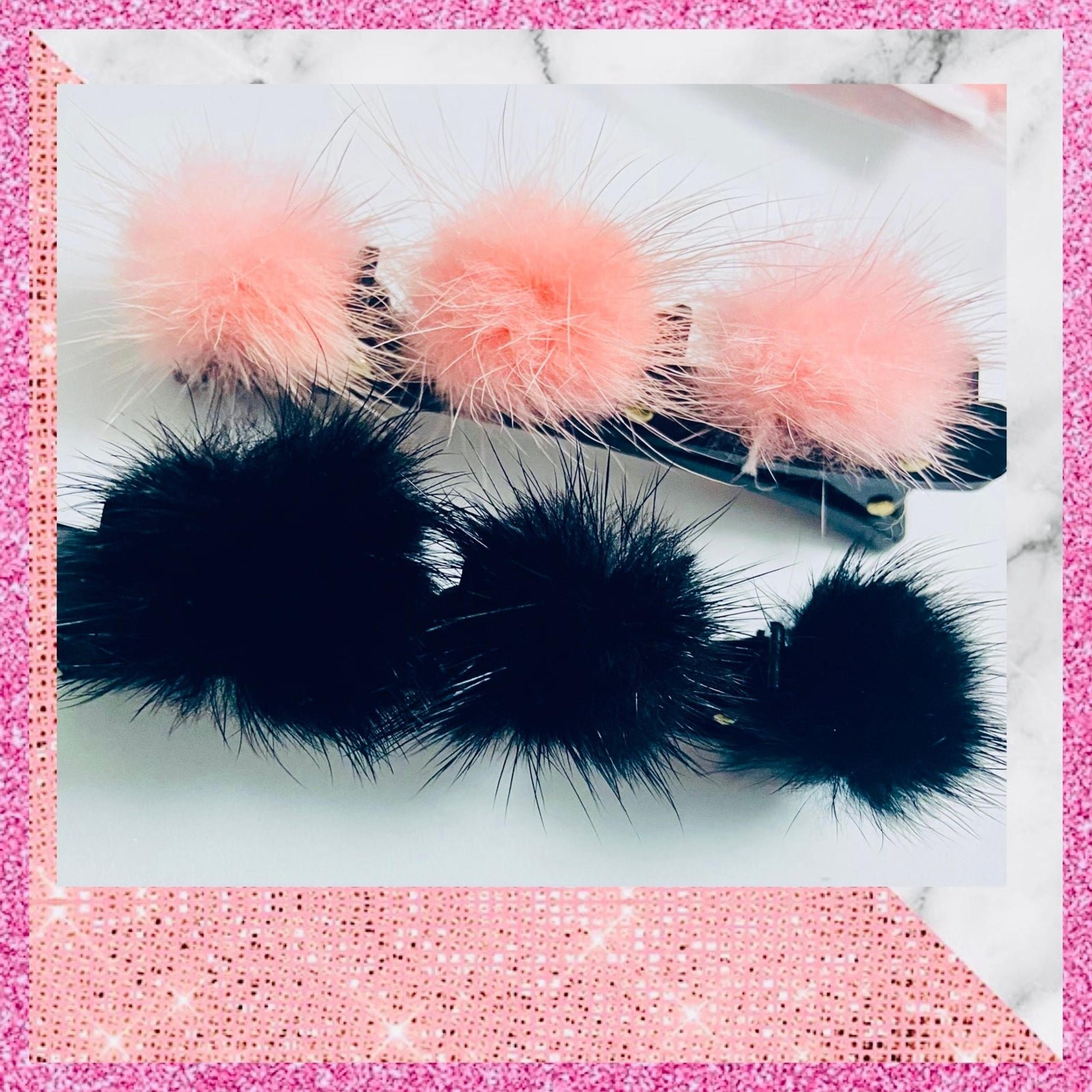 Black / Pink Set Of Two Small 3-Pompom Fur Balls Clips