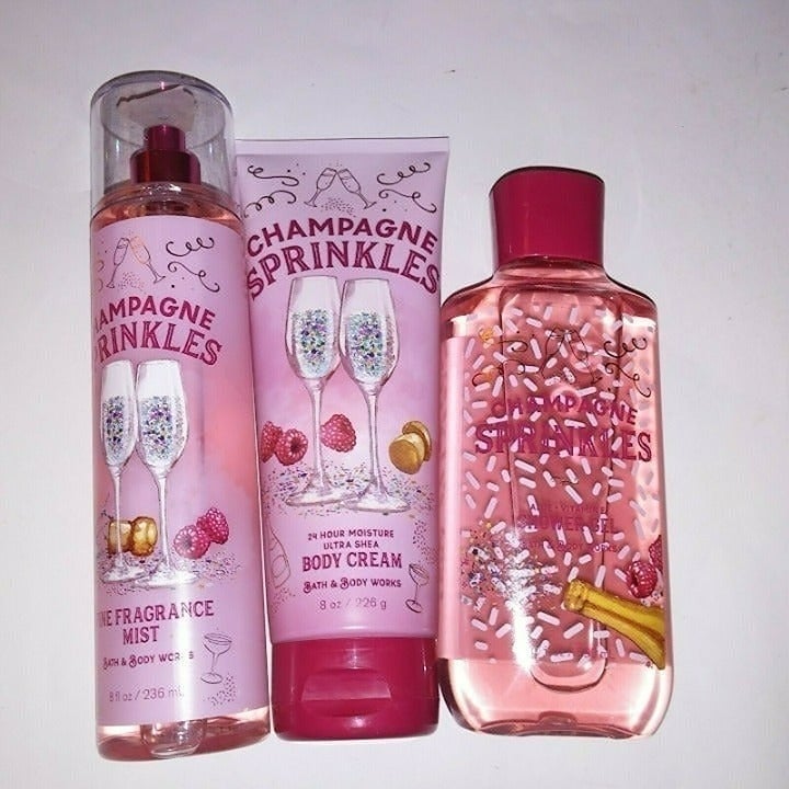 Set of 3 Bath and Body Works Cream Lotion Shower Gel Spray Champagne Sprinkles