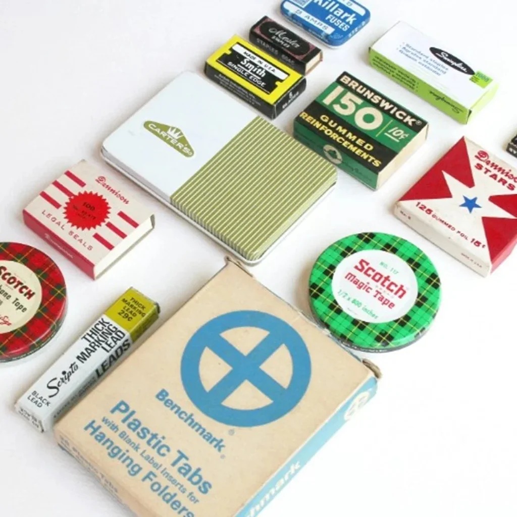 Collection of vintage office supply packaging Dennison stars seals staples red
