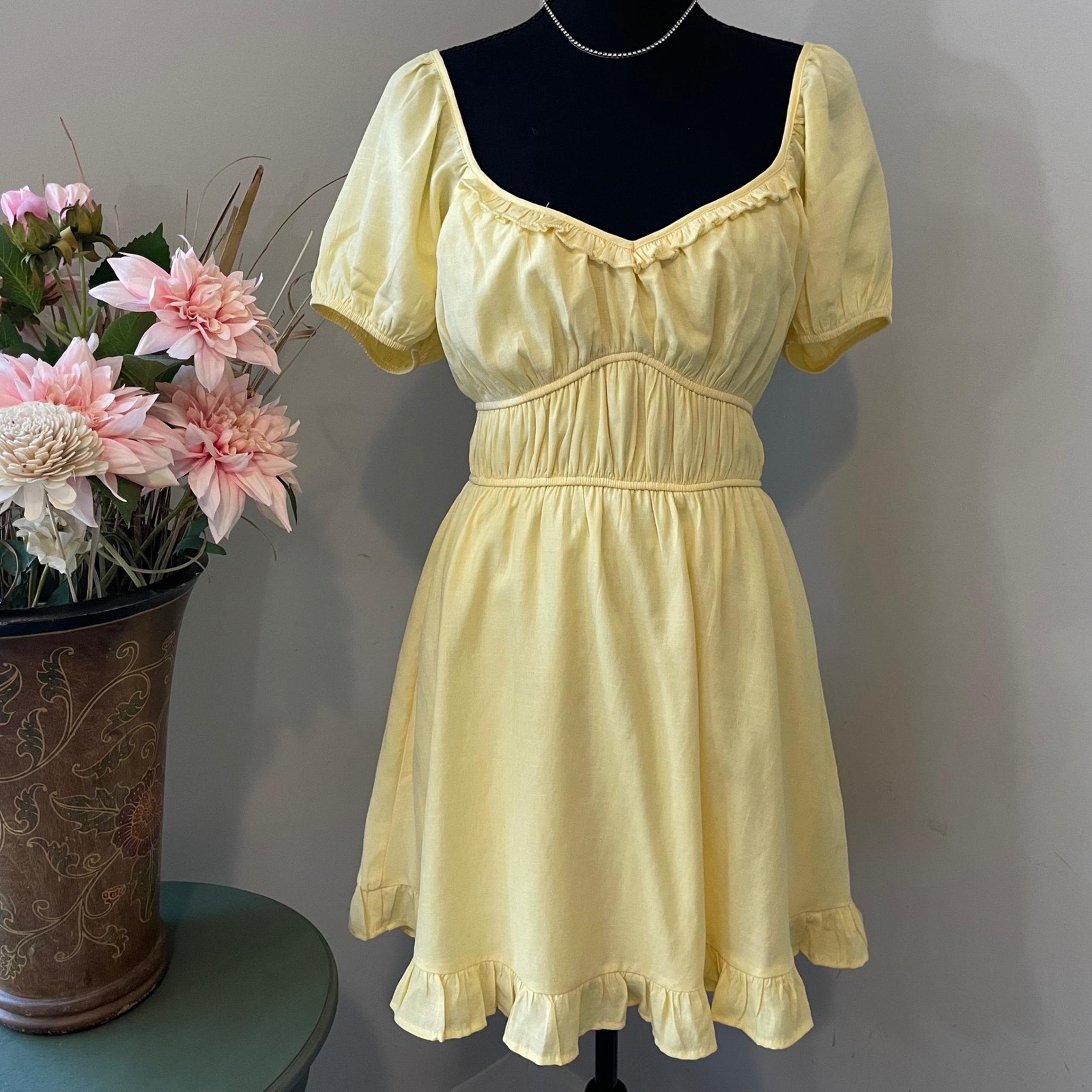 Trixxi Women's Yellow Smocked Waist Ruffled Hem Dress Peasant Mini • Size Small