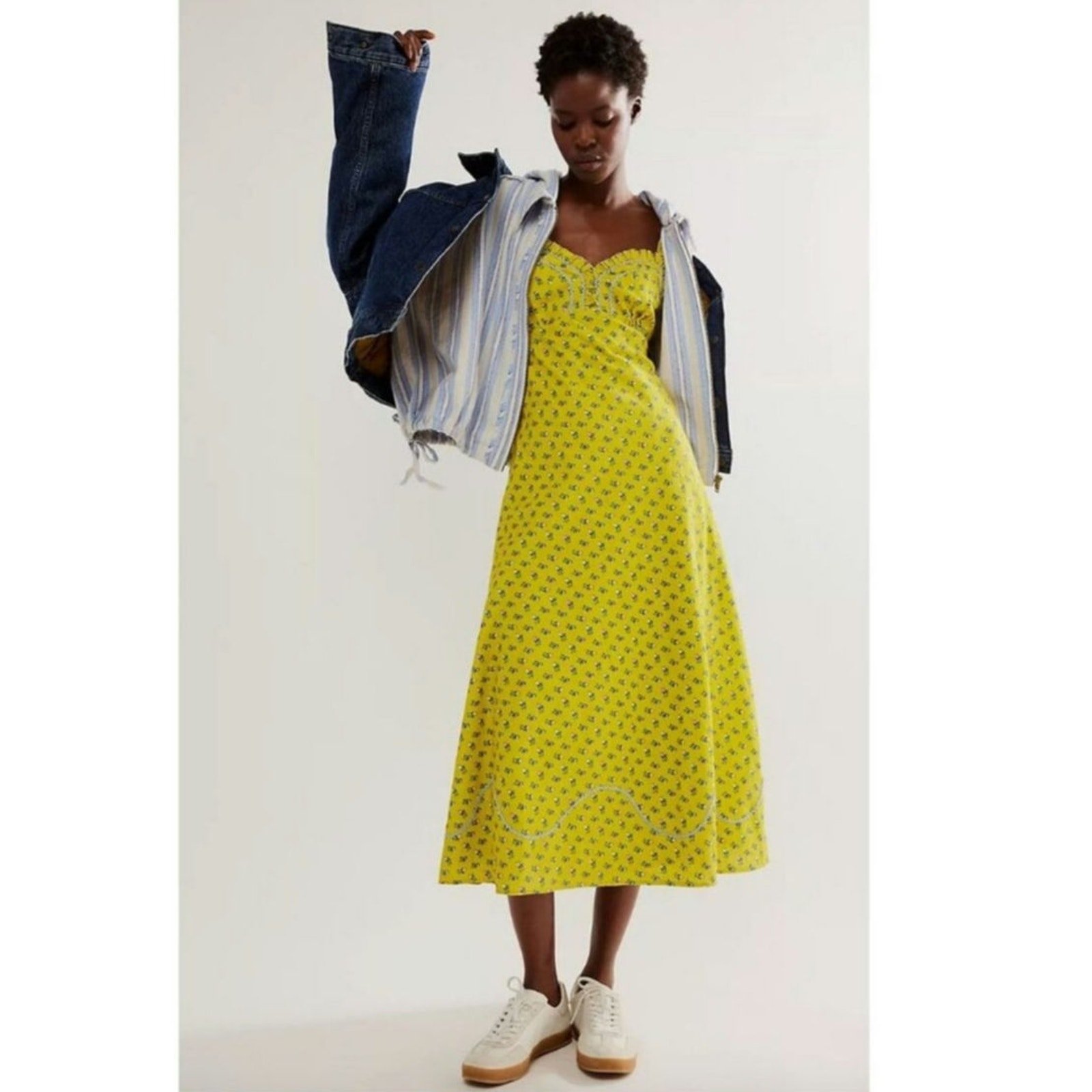 New Free People Sweet Hearts Floral Midi Dress 168 MEDIUM Citronella Chartreuse