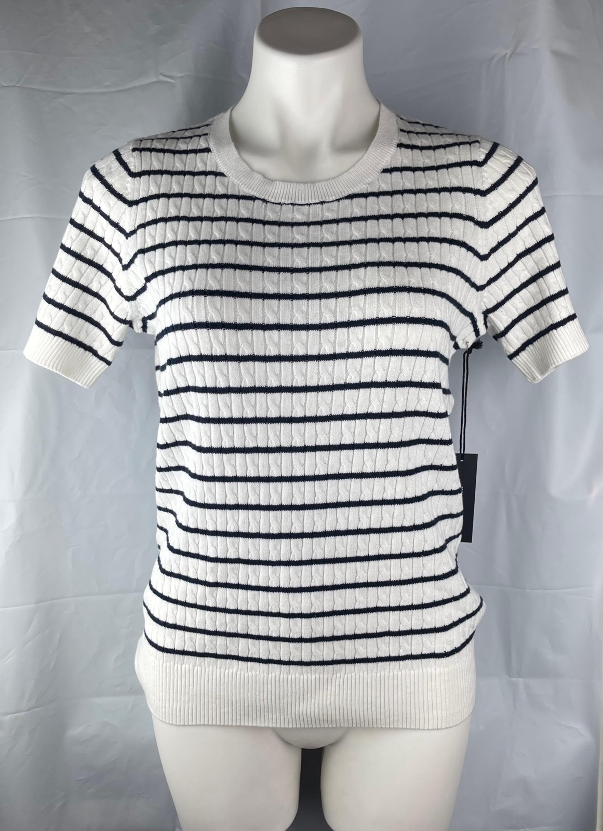 New Jones New York 100% Cotton Blue White Striped Knit Top Crew Neck  Sz L
