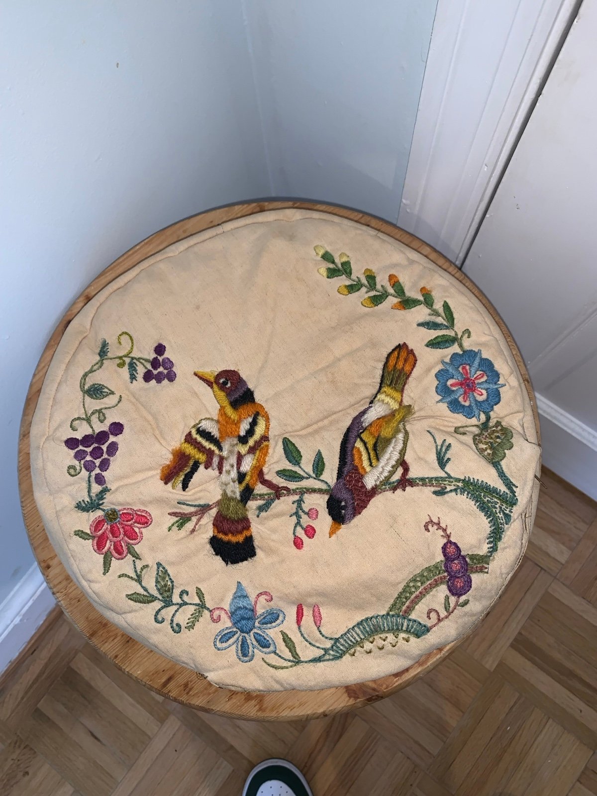 Round Vintage Crewel Embroidered Floral Throw Pillow