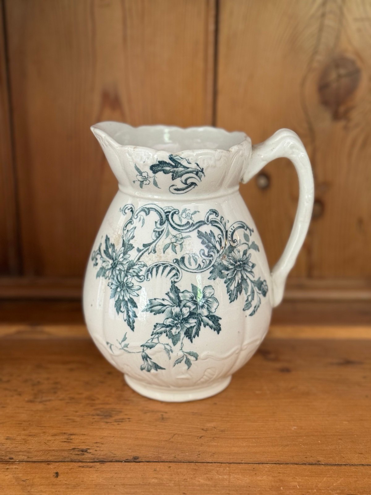 Antique teal transferware ironstone pitcher
