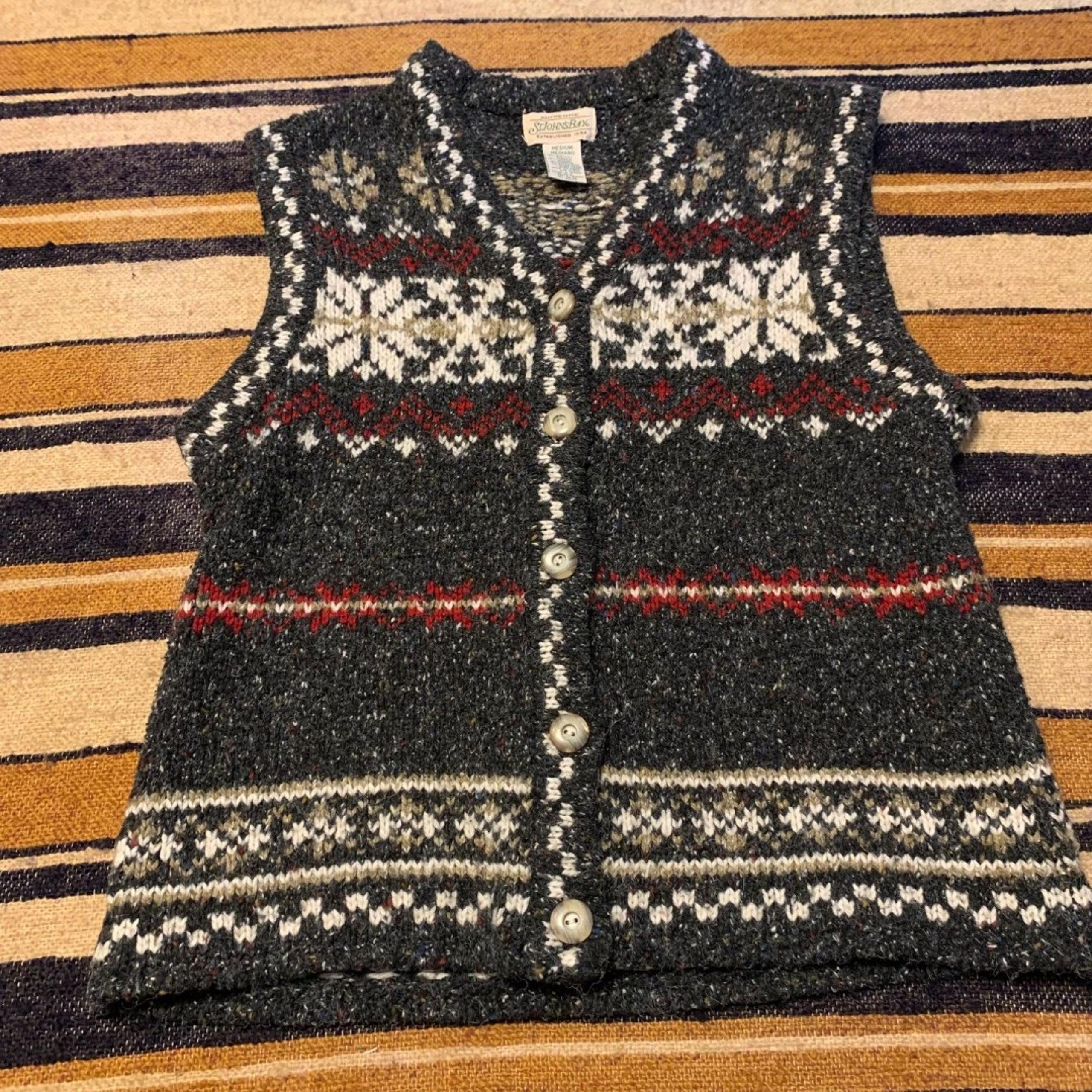 Vintage St. John's Bay Vest Sweater Fair Isles Nordic Cozy Grey 90s Wool Medium