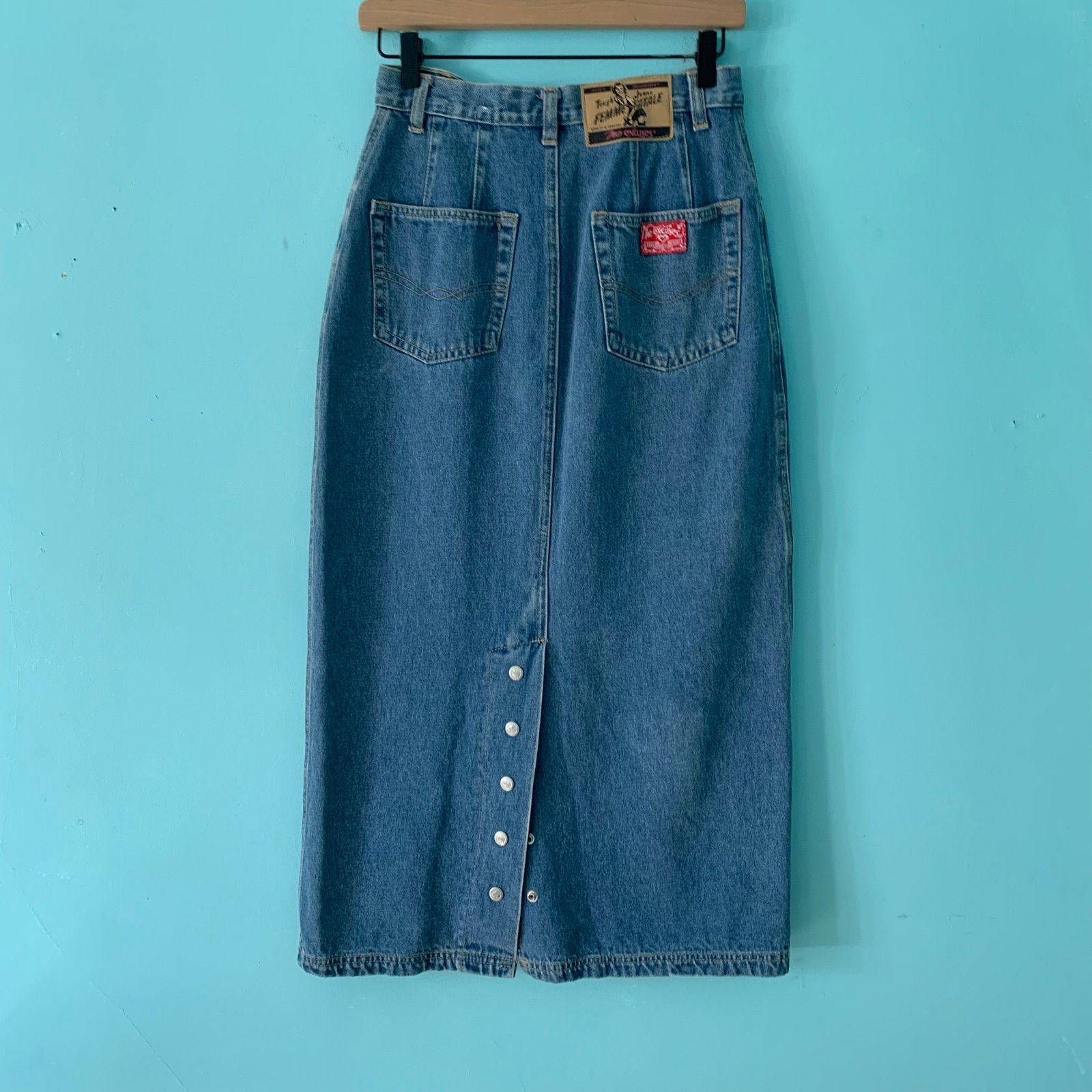 No Excuses Vintage Snap Back Pinup Retro Midi Denim Skirt 9/10 Femme Fatale Rare