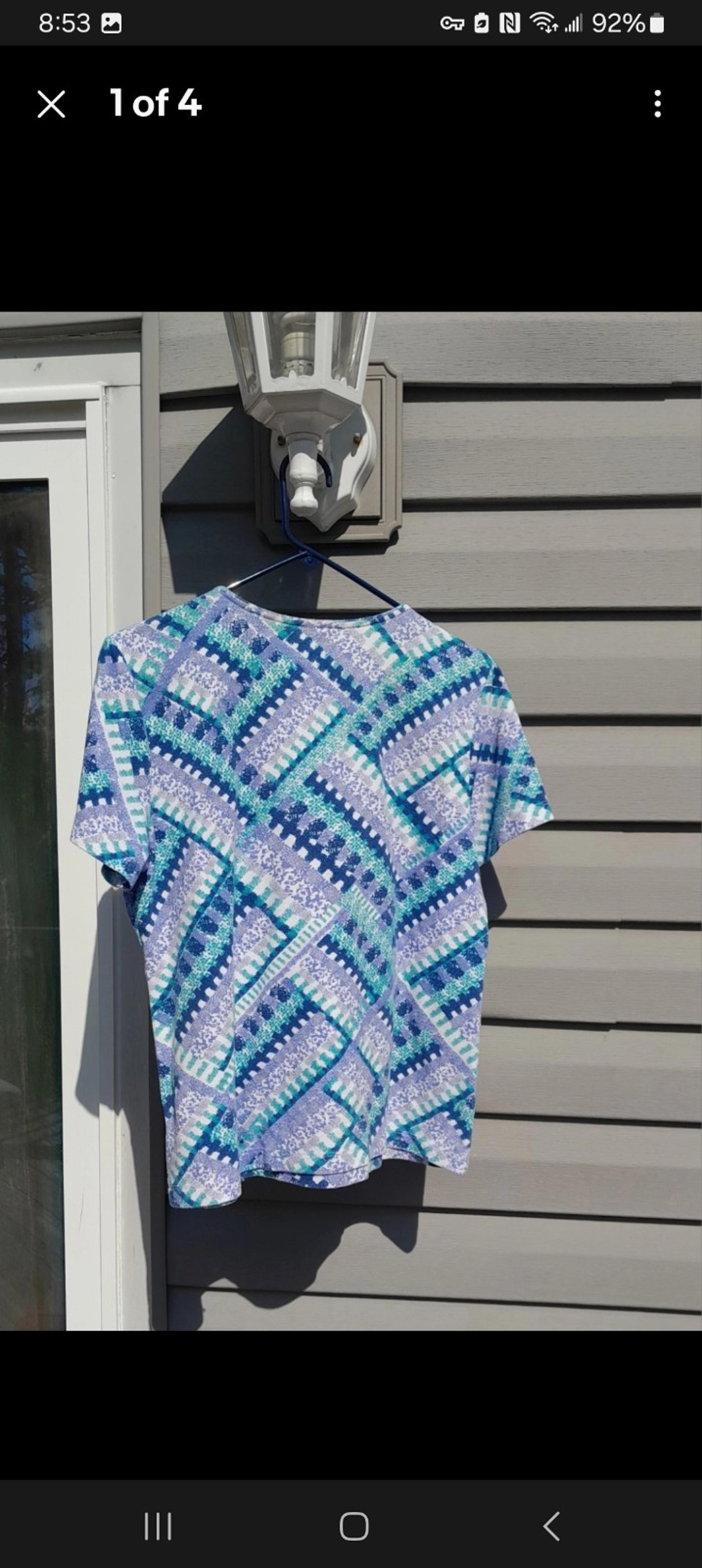 Rebecca Malone women's blue and green pattern short sleeve blouse in size L