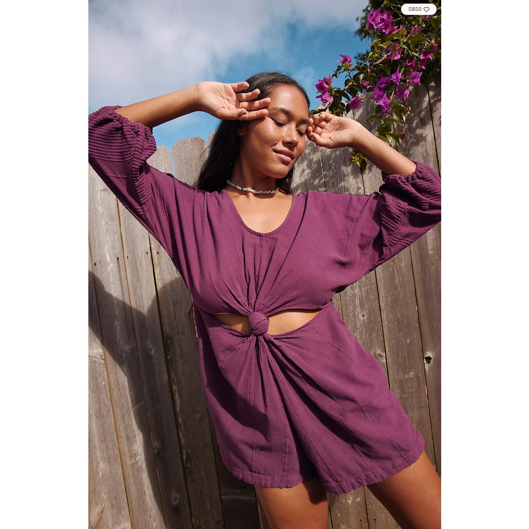 Free People KNOTTY BUT NICE Front Knotted Romper Pockets Fig Jam XS NWOT 88