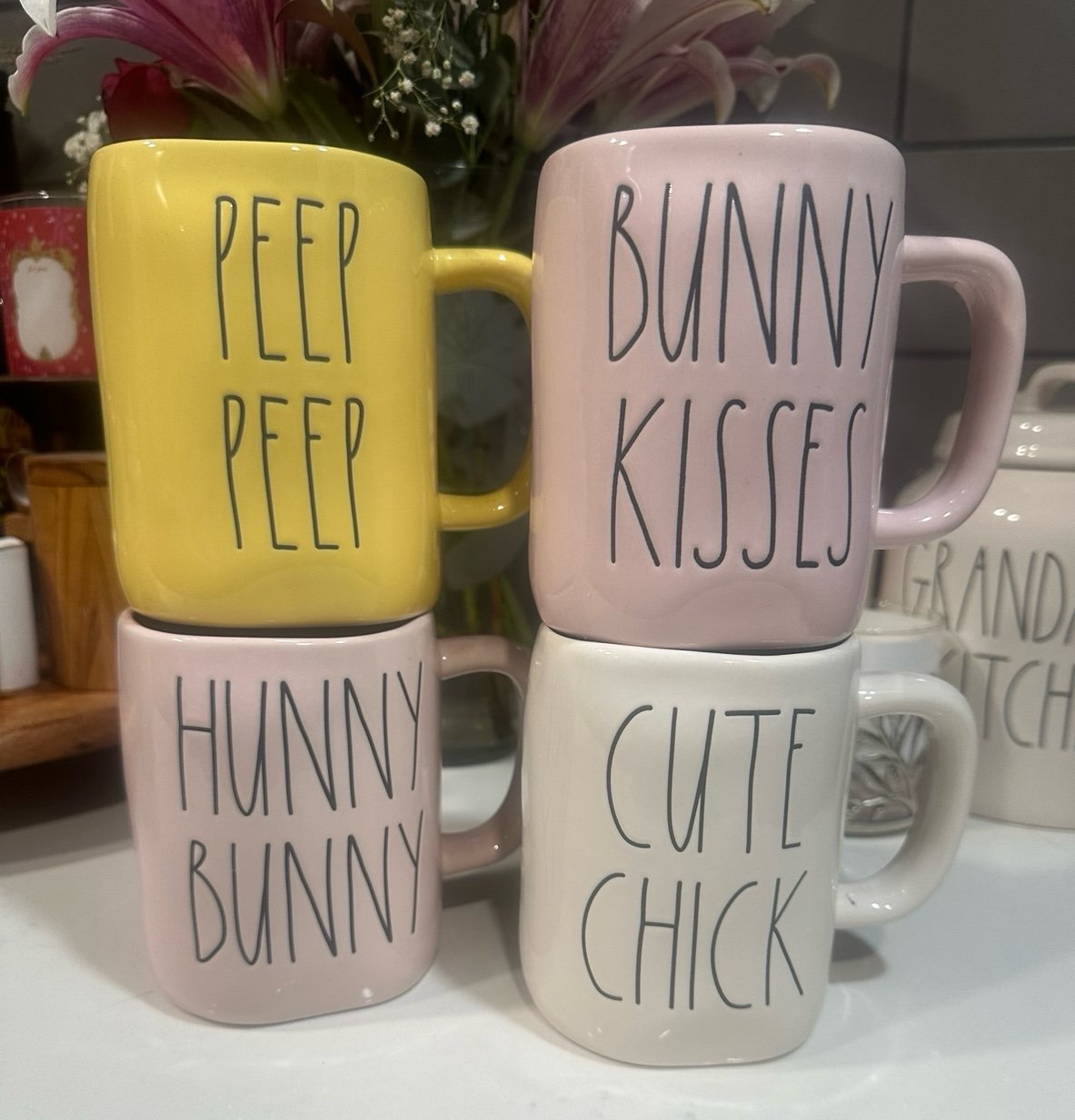 Rae Dunn Spring Set of 4 Mugs-PEEP PEEP, HUNNY BUNNY, CUTE CHICK, BUNNY KISSES!