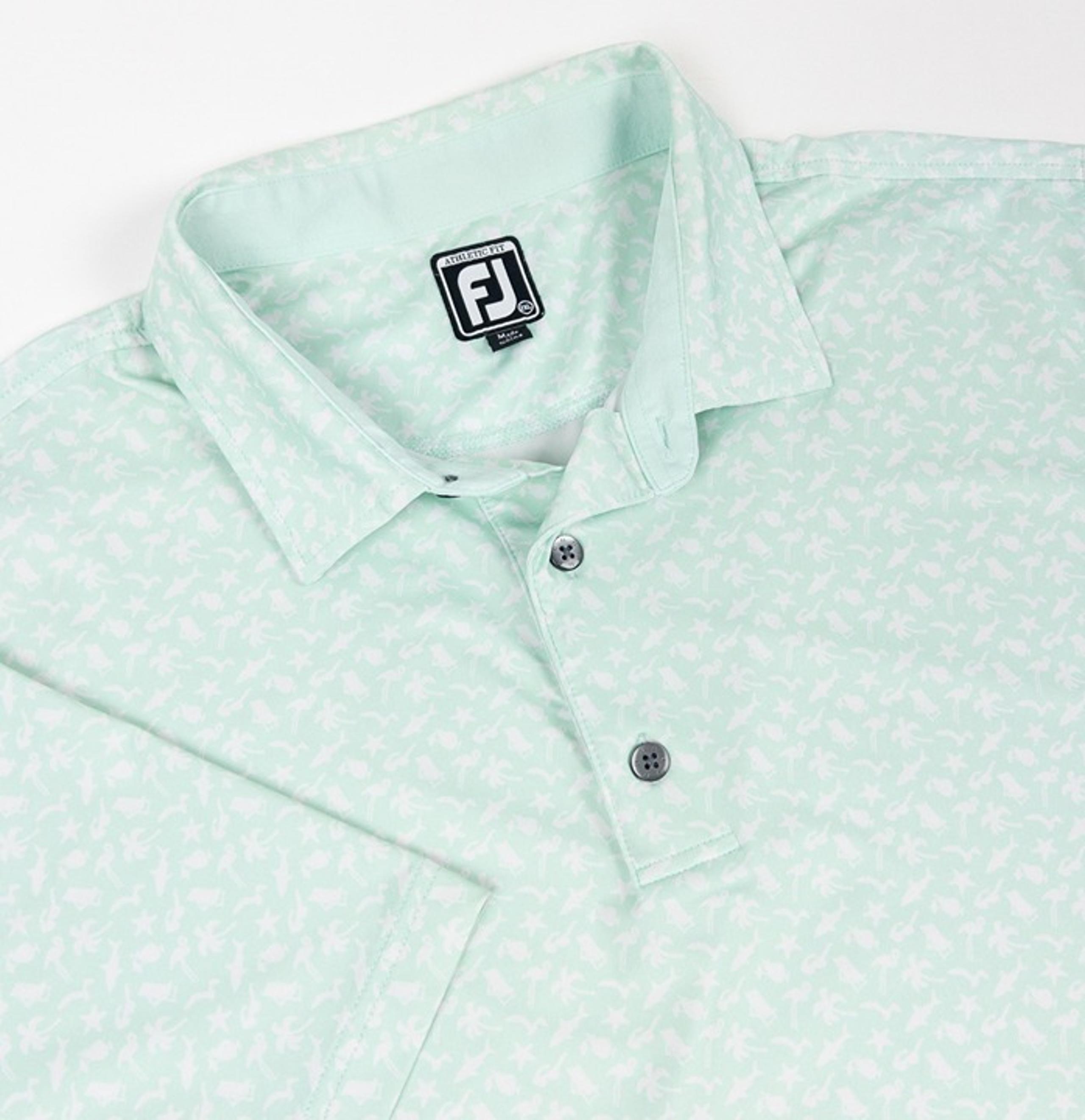 FootJoy Golf Polo Men's 2XL Athletic Fit Shark Palm Flamingo Collage Light Green