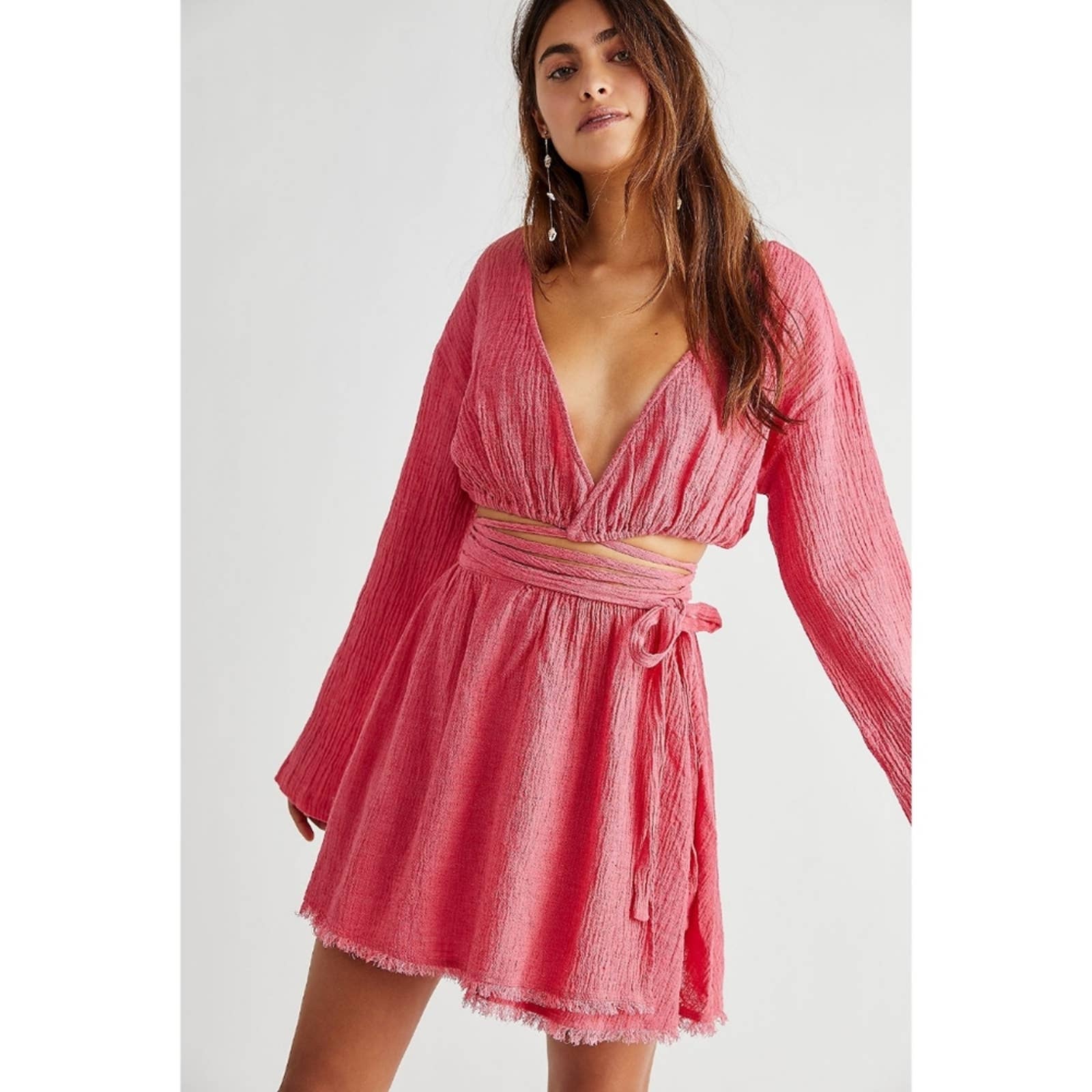FREE PEOPLE 'Here She Is' Pink Linen Cotton Two-Piece Wrap Skirt Set Size XS