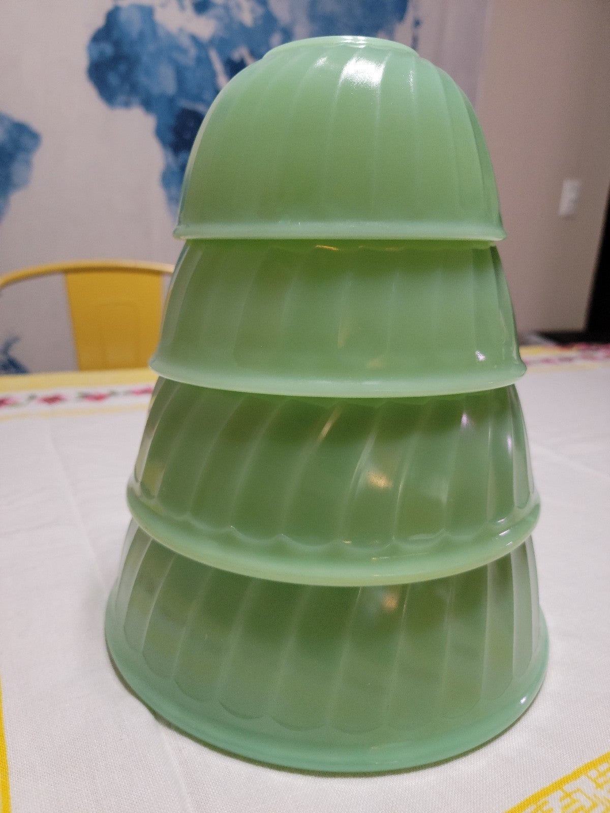 Four matching newest Fireking Jadeite swirl bowls