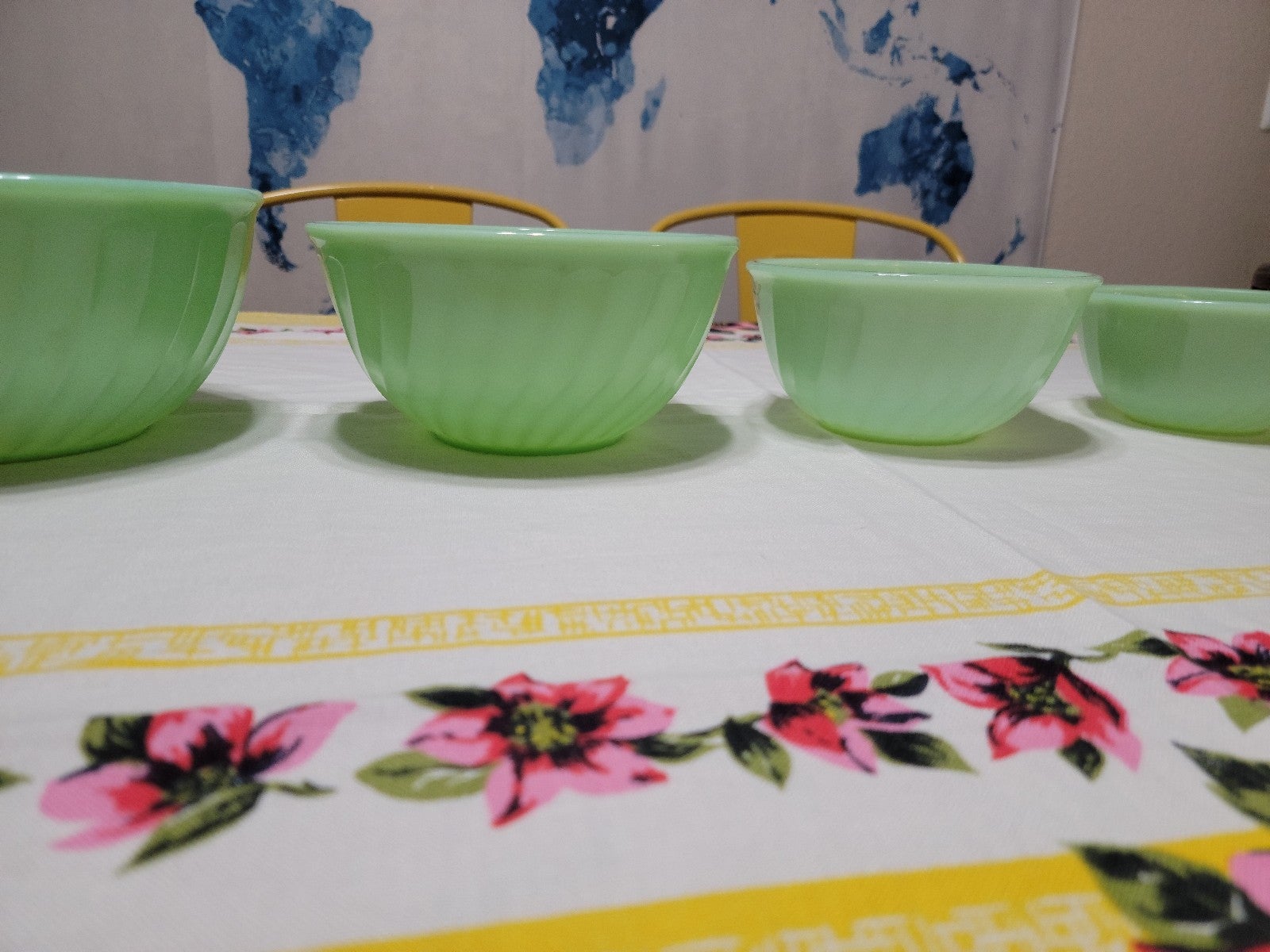 Four matching newest Fireking Jadeite swirl bowls