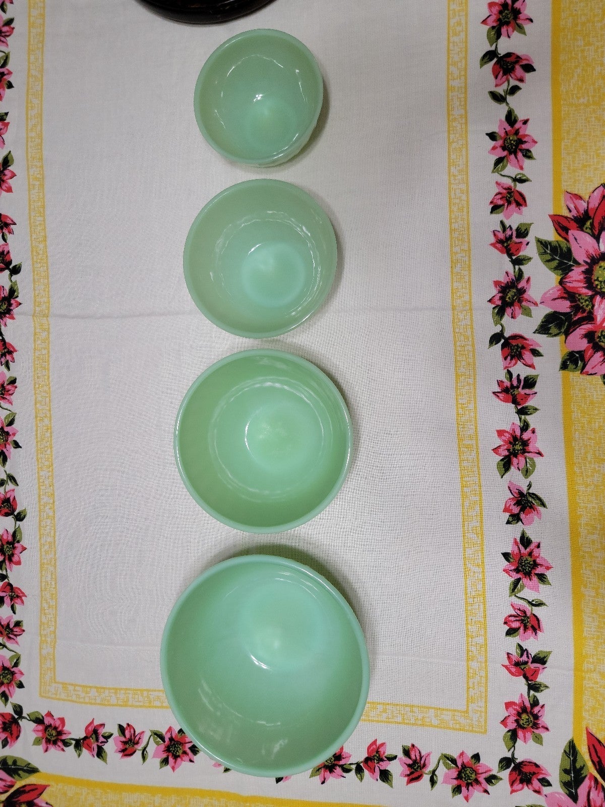 Four matching newest Fireking Jadeite swirl bowls
