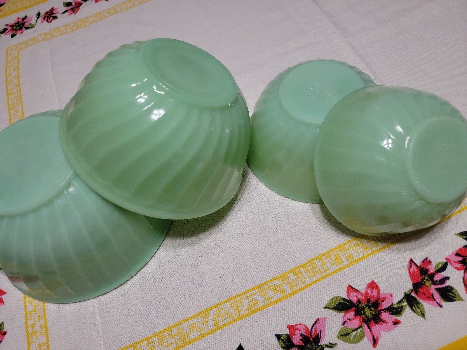 Four matching newest Fireking Jadeite swirl bowls