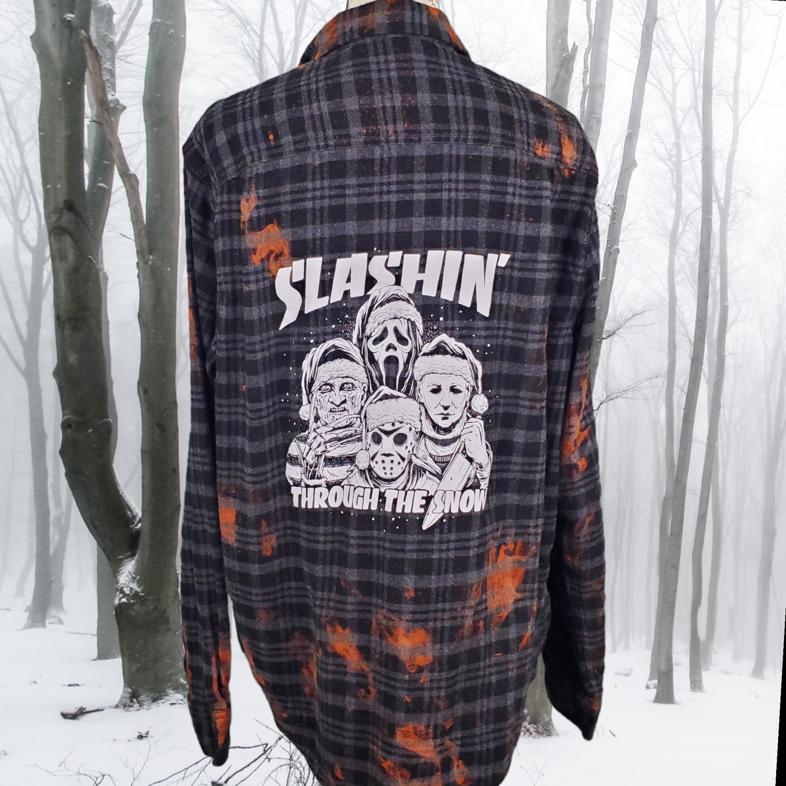 Horror Guys Christmas Flannel Shirt, Slashin' Through the Snow, Large