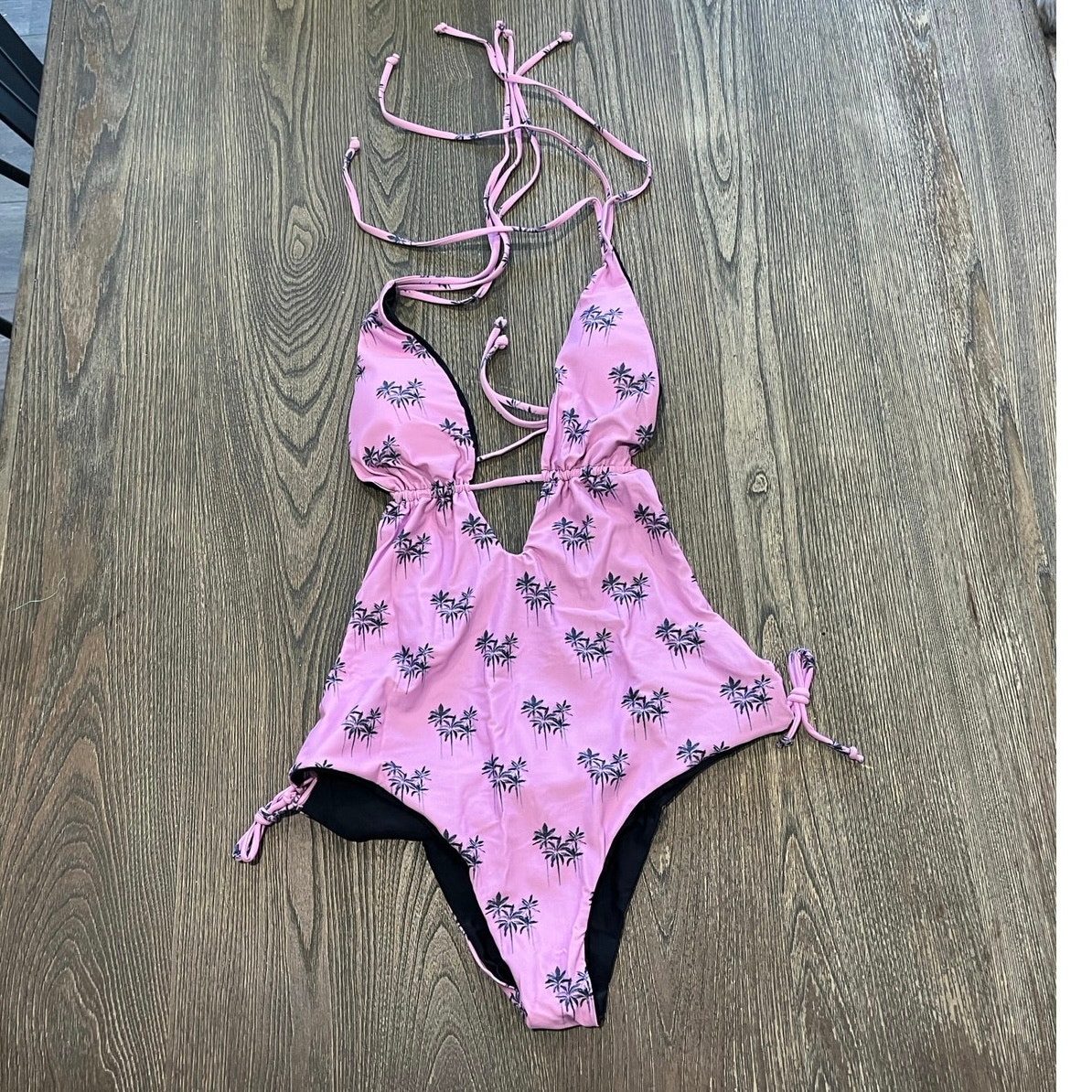 NWOT Jacque Designs One-Piece Bathing Suit Palm Tree Print High Cut Pink Size XL