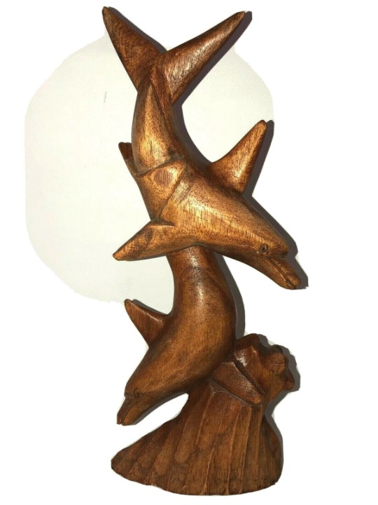 DOUBLE DOLPHIN STATUE WOOD CARVING DECOR