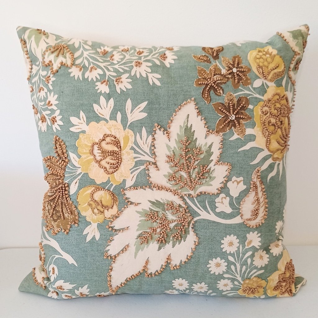 Pottery Barn 18x18 Throw Pillow Wood Beads Leaves Floral Blue Cream Down Feather