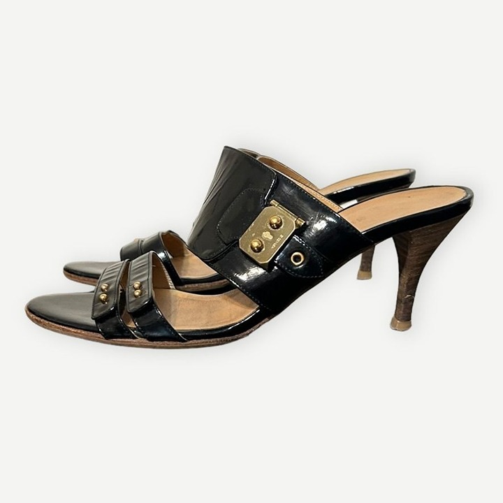 Hermes Black Patent Leather Sandals 36.5 Gold Hardware Buckle Heel Textured Stud