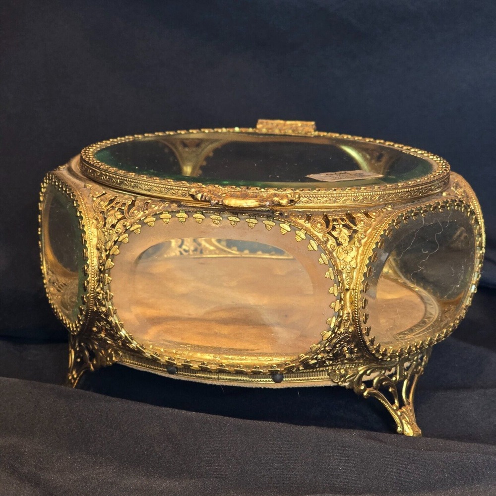 Antique Jewelry Box Victorian Filigree Ormolu Casket Large Display Beveled Glass