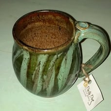 Brown & Two-Tone Green Striped Pottery Mug Pale/& Dark/Olive Green Coffee Cup