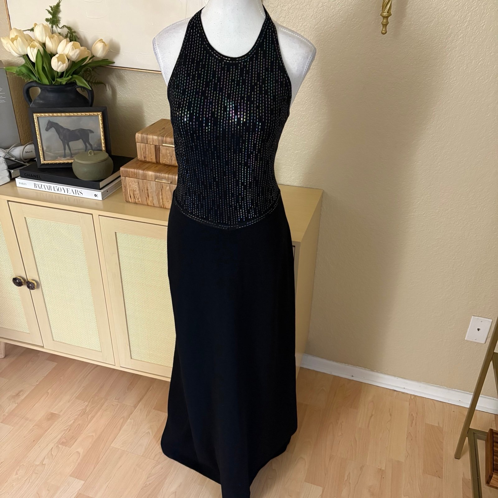 ST JOHN Evening Long Gown Dress Halter Criss Cross Open Lace Back Size 4