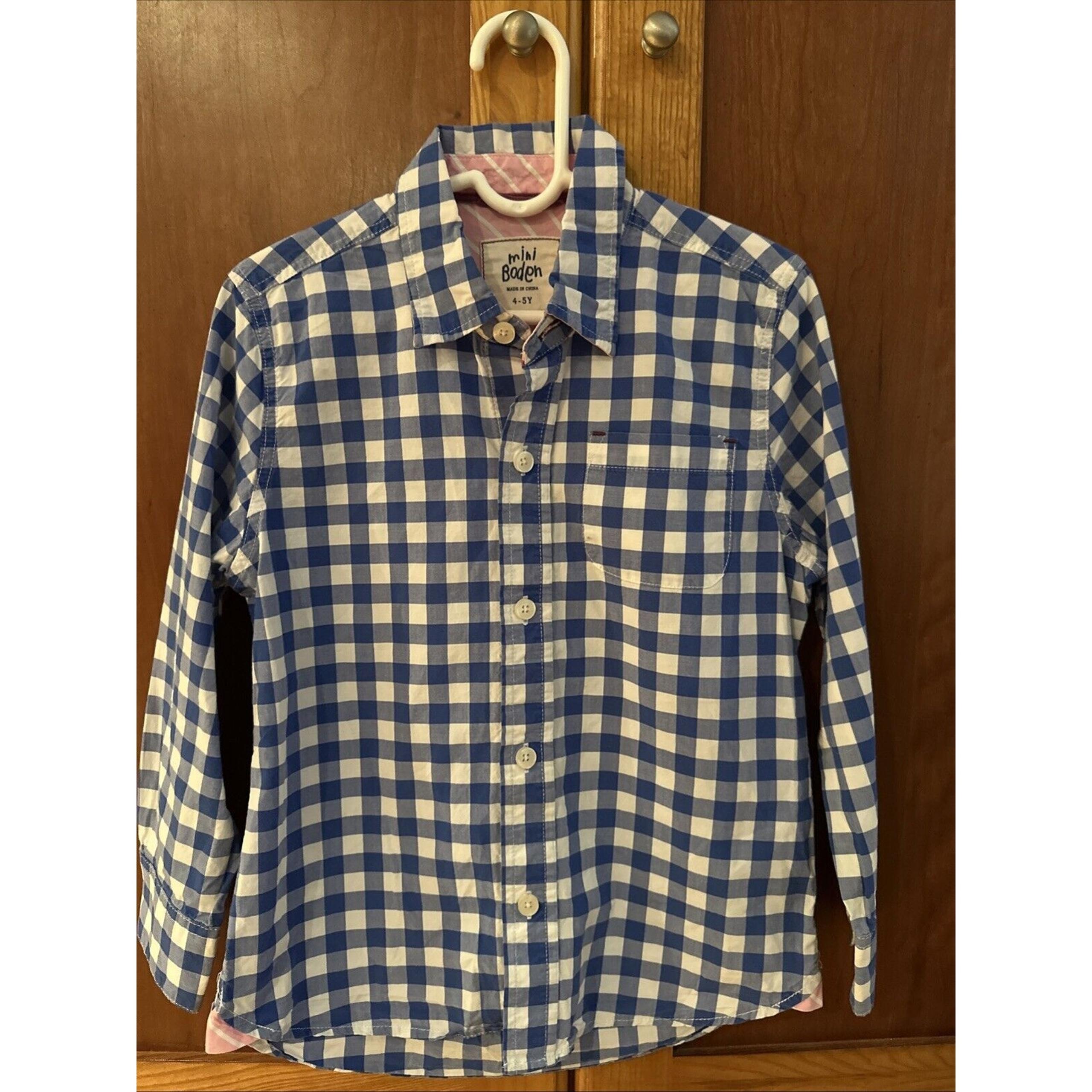 Boys Mini Boden Blue And White Checkered Plaid Button Down Shirt Size 4-5 Y