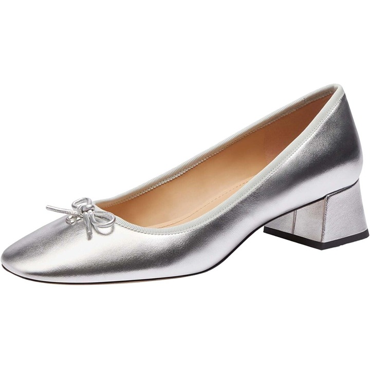 Coach Women Metallic Silver Bow Block Heel 10 Pull-On Ava Ballet Pump Shoes