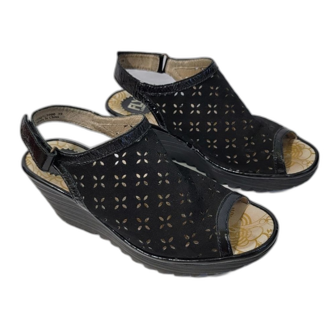FLY LONDON Yile Black Suede Perforated Slink Back Wedges Sandals Sz 39/8-8.5