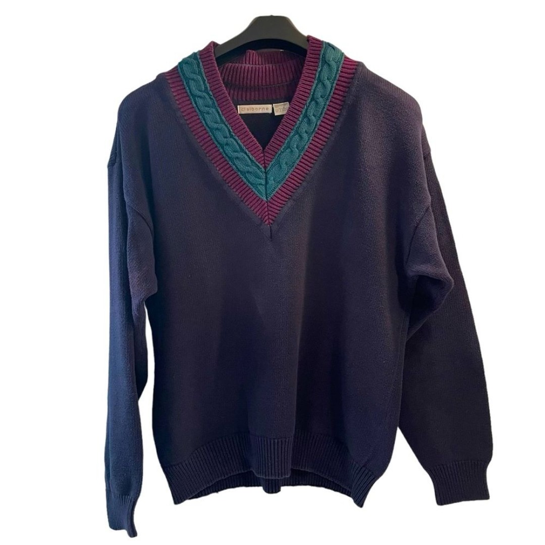 Vintage 90’s Claiborne Men’s V-neck Knit Navy Purple Green Sweater Size Medium