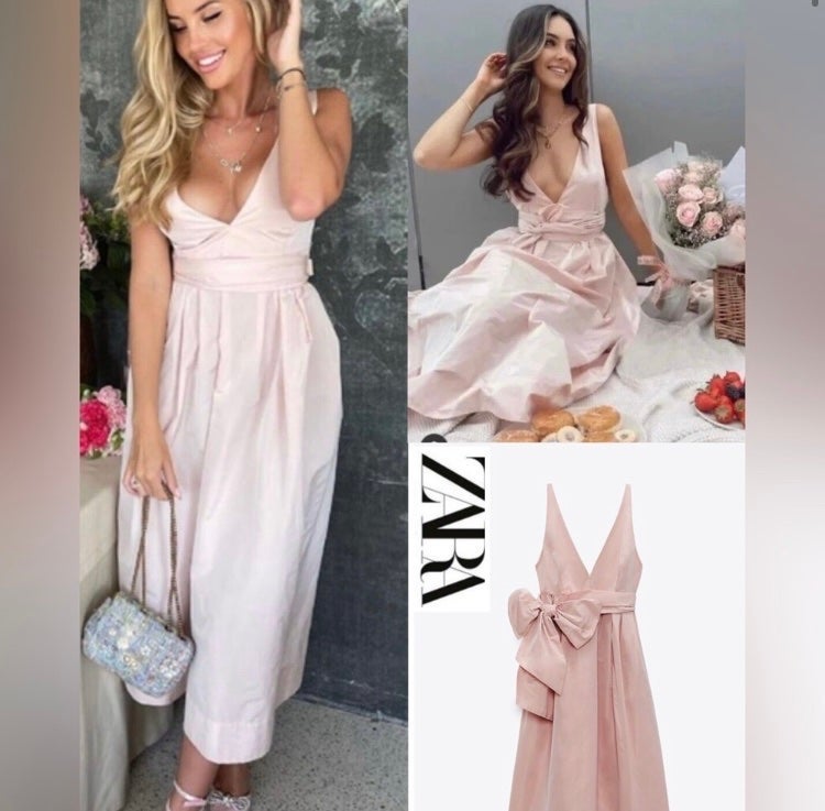 ZARA VOLUMINOUS MIDI DRESS WITH BOW BELT PINK