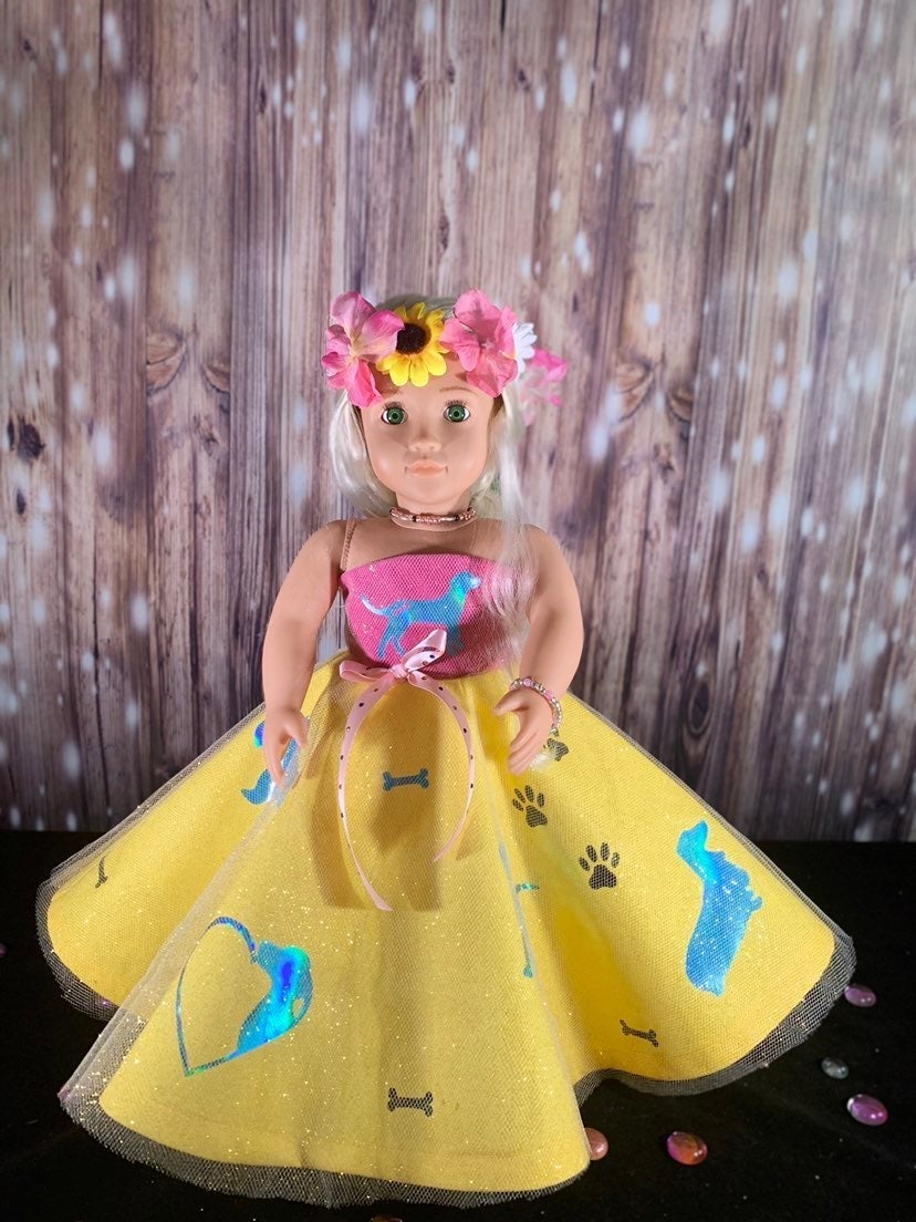 18 inch doll yellow and pink dress/gown.