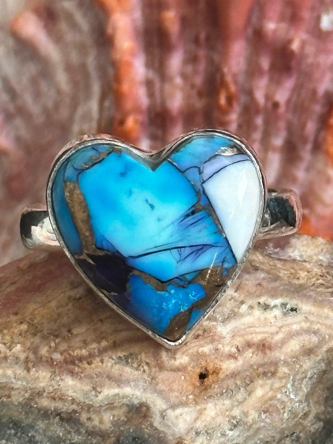 Ice Blue Turquoise Dahlia heart sterling silver ring size 10