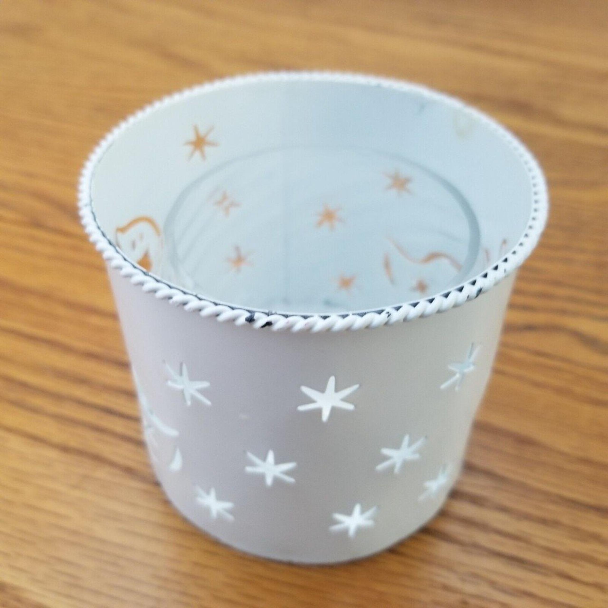 GANZ Votive Candle Holder White Punched Metal & Glass Ghost and Stars Design