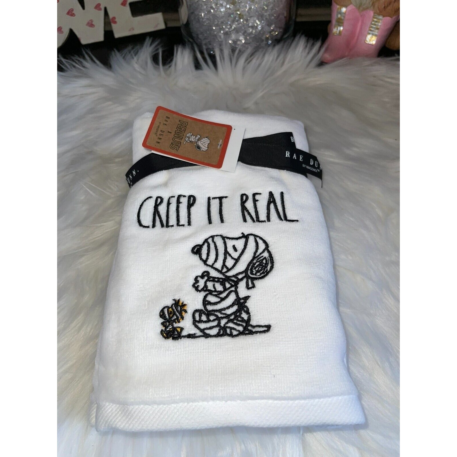 Rae Dunn Peanuts Snoopy CREEP It REAL Halloween Bath Hand Towel Set of 2 New