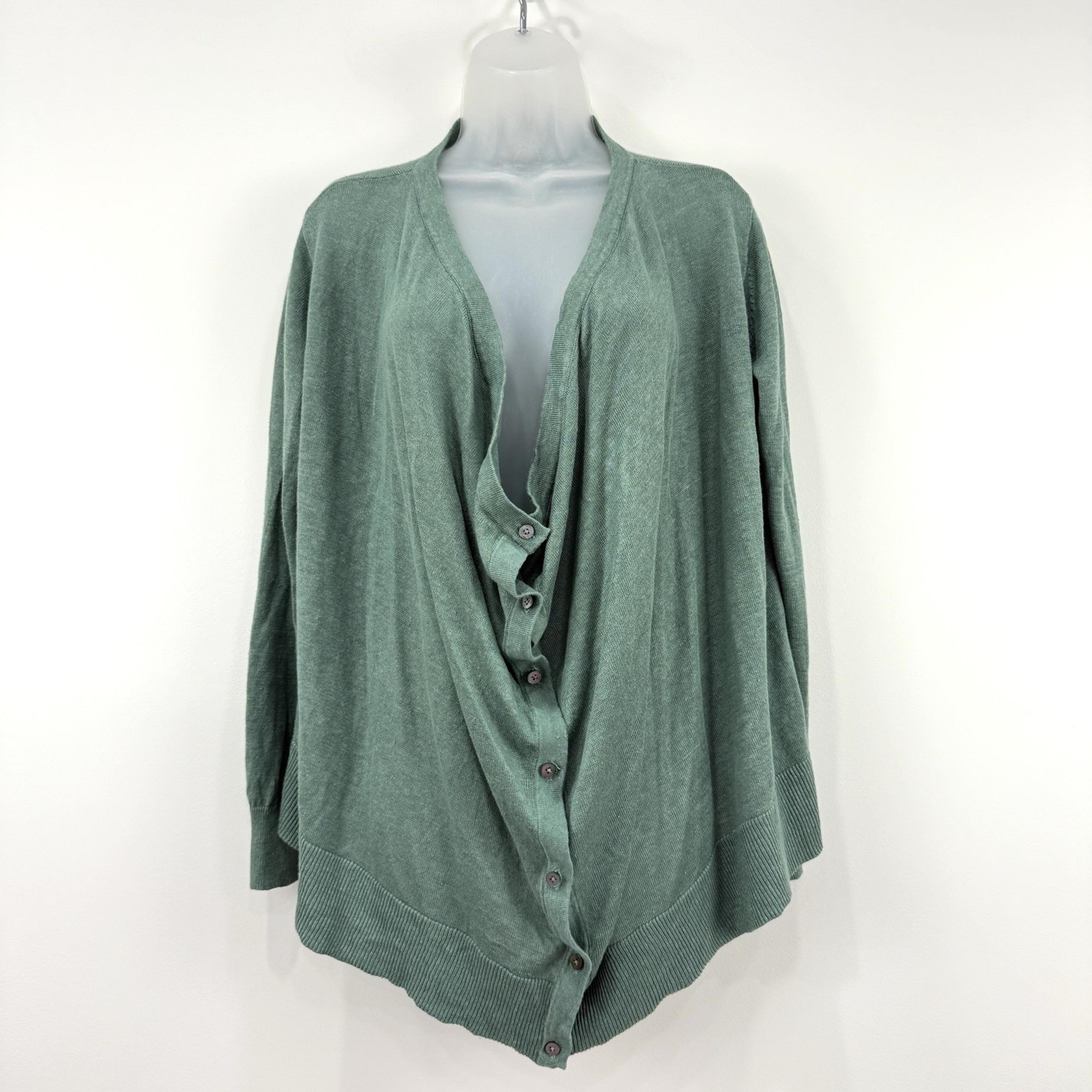 Garnet Hill Cardigan Womens M Green 100% Organic Linen Draped Neck Capsule