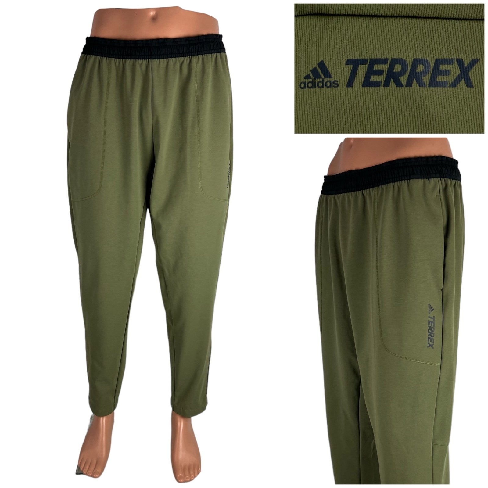 Adidas TERREX Mens Large Pants Hiking Trail Black Green Olive Pockets EUC