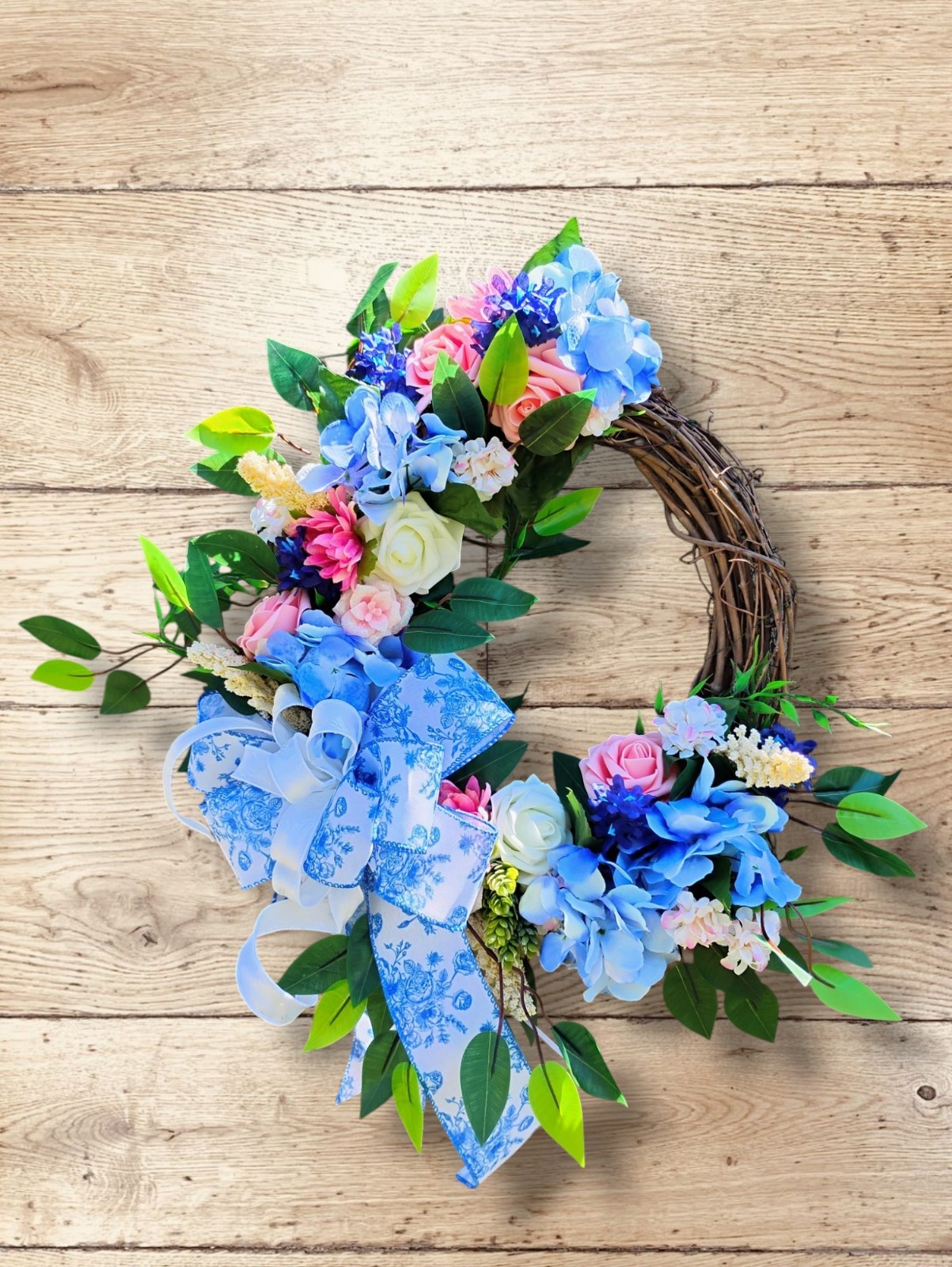 French Blue Toile Chinoiserie Grapevine Wreath Spring Summer Door Decor with Pas