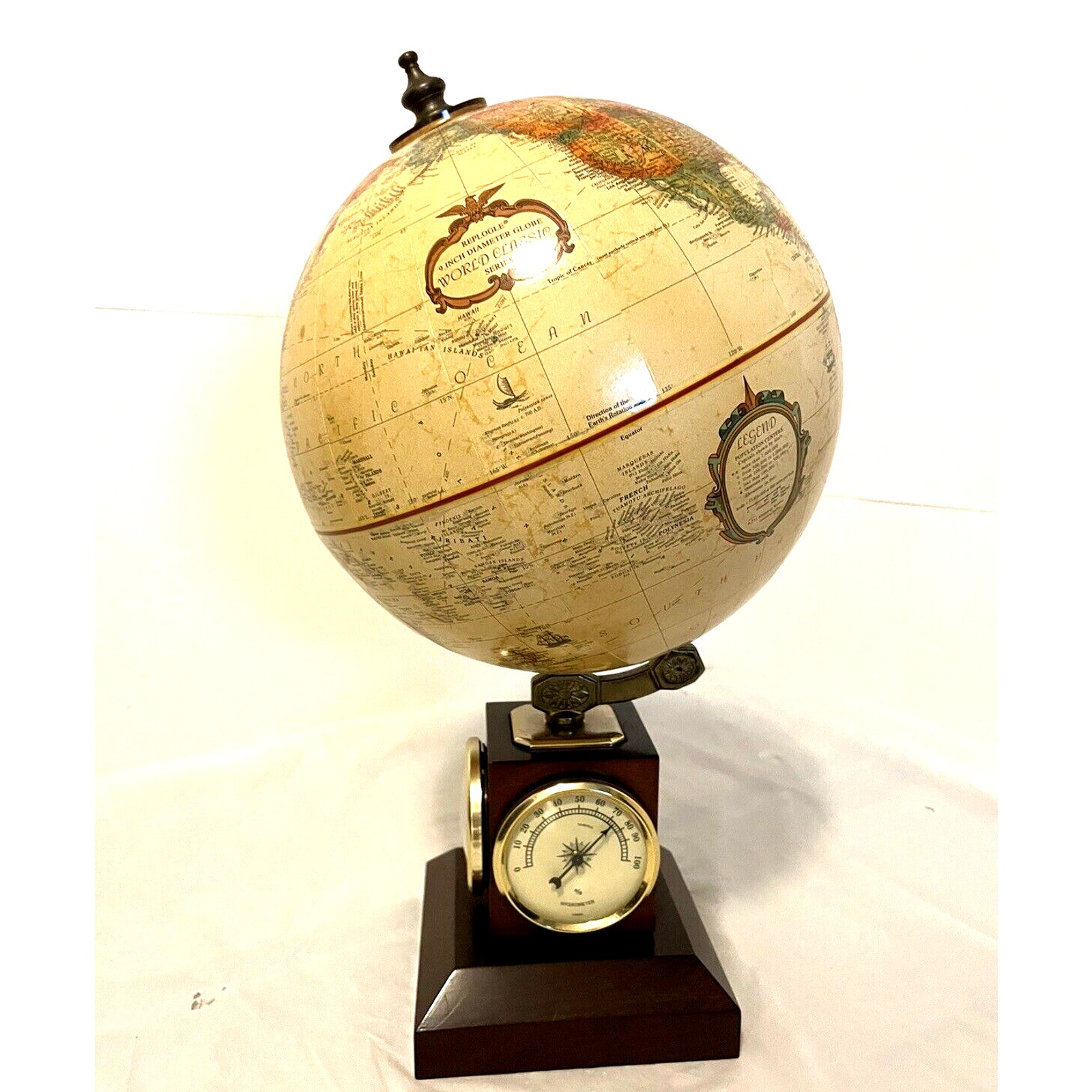 Replogle 9'' Antique World Globe With Barometer, Hydrometer, & Thermometer