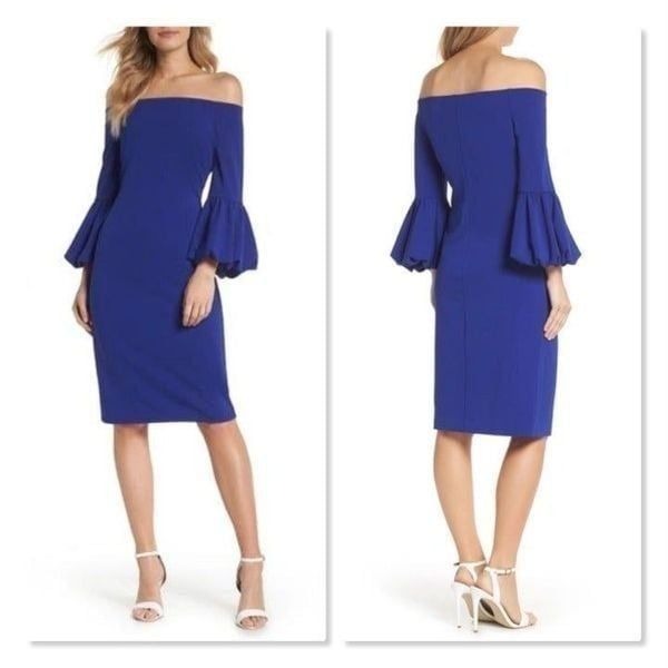 Eliza J Off the Shoulder Bell Sleeve Scuba Crepe Dress size 0 in Cobalt Blue