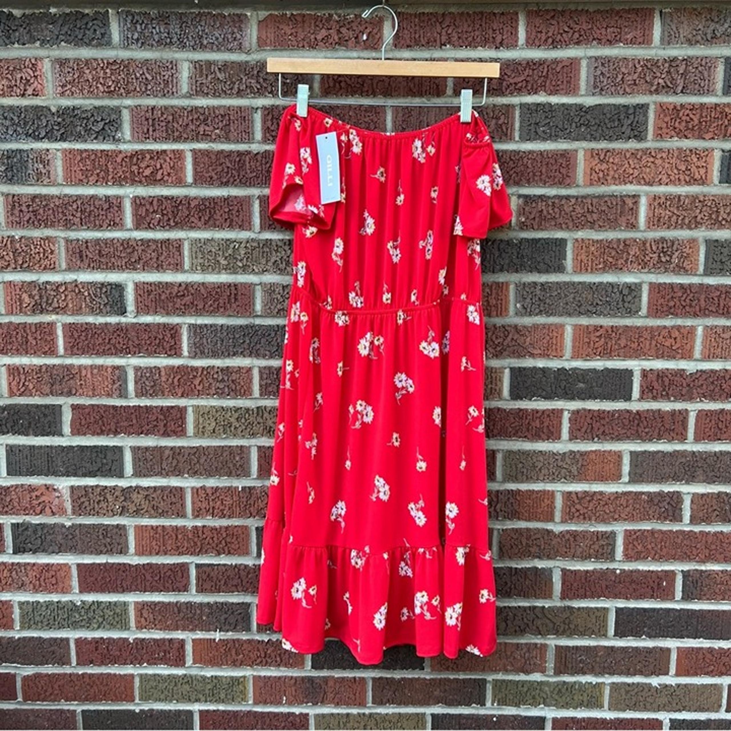 Gilli Red and White Poppy Floral Off the Shoulder Flounce Midi Dress