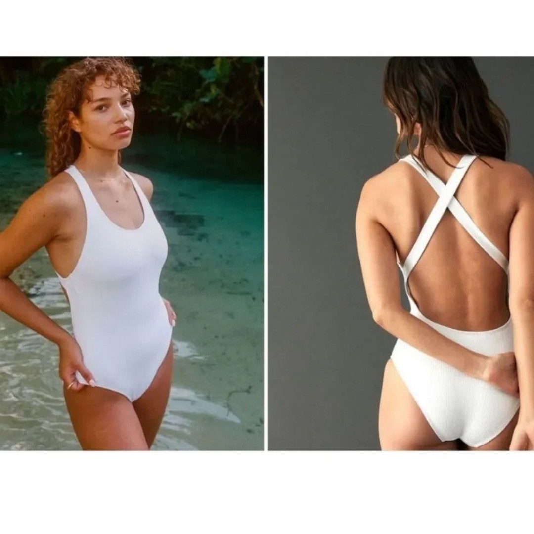 Andie Swim The Tulum One Piece LT Swimsuit White Ribbed Size Large Tall