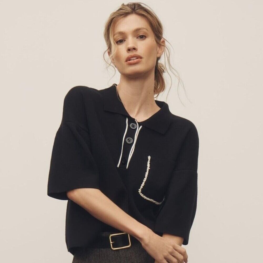 ANTHROPOLOGIE The Eliott pearl Embellished-Pocket Black Polo Shirt Size XXS NWT