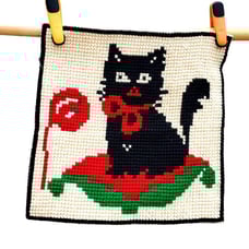 Needlepoint Black Cat Pillow Canvas Completed Square Gobelin L 01.44