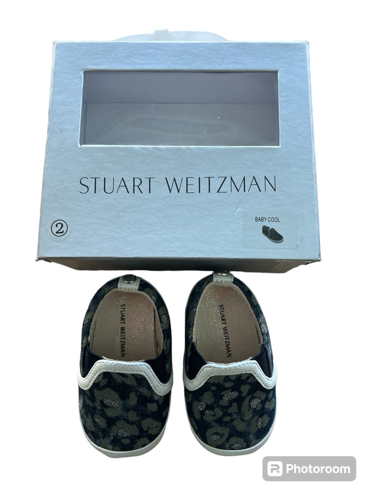 Like New STUART WEITZMAN Cheetah Print Baby Size 2 Denim Glitter Infant/Crib Sho
